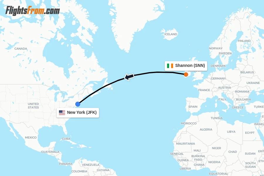 Flights from Shannon to New York route map