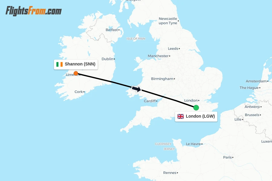 Flights from Shannon to London route map