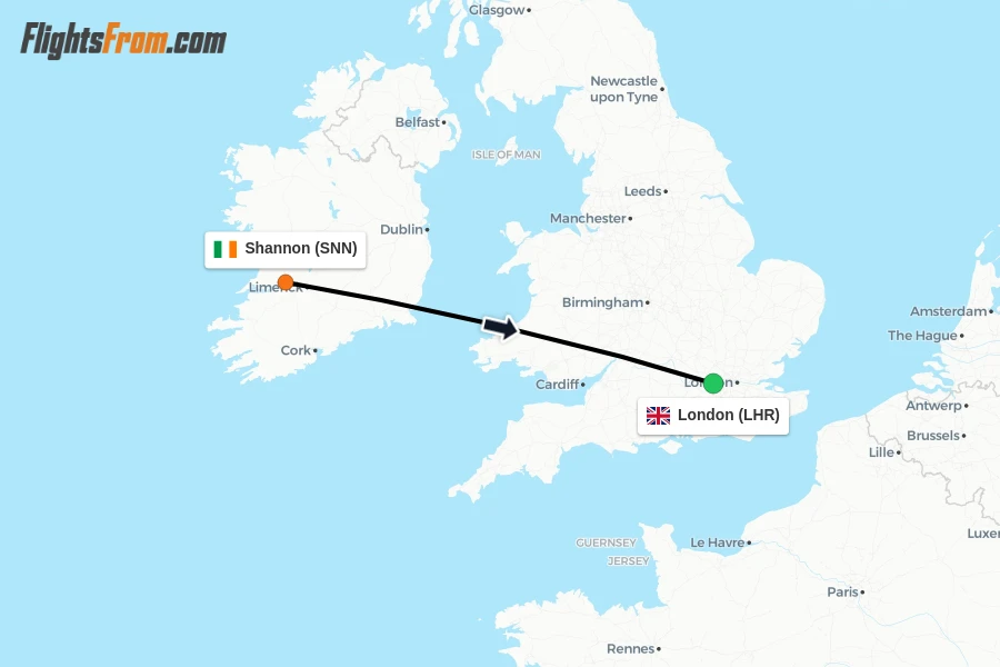 Flights from Shannon to London route map