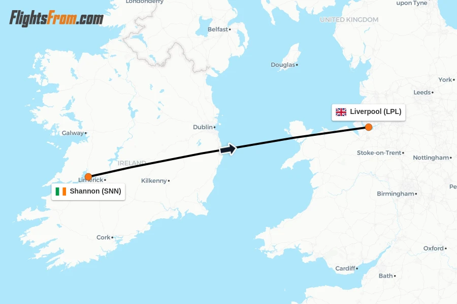 Flights from Shannon to Liverpool route map
