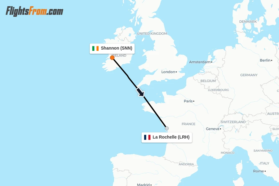 Flights from Shannon to La Rochelle route map
