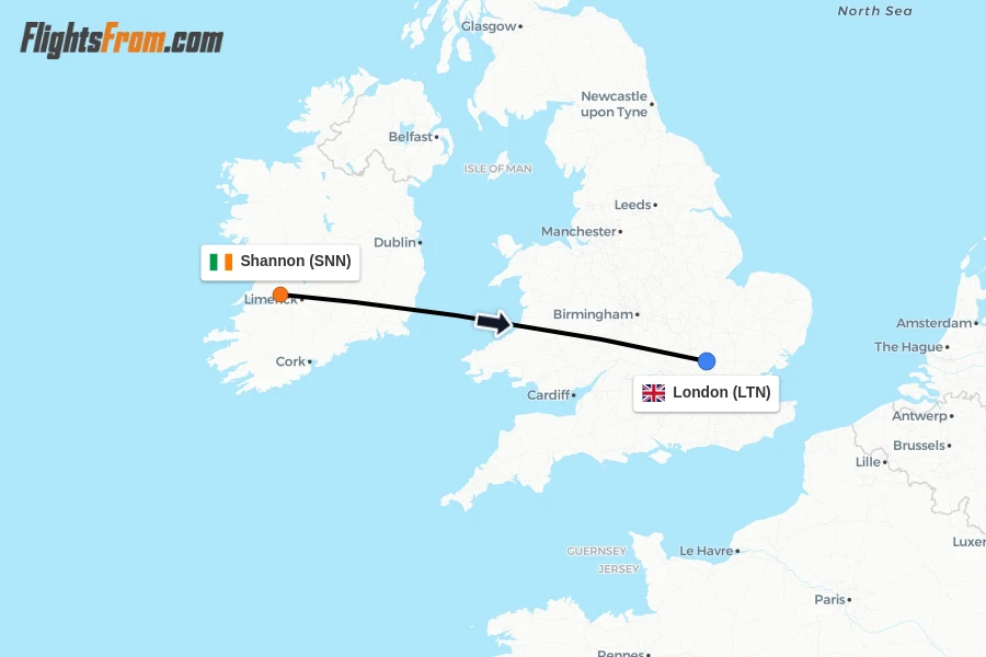 Flights from Shannon to London route map