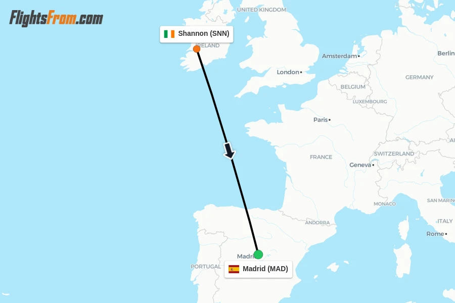 Flights from Shannon to Madrid route map