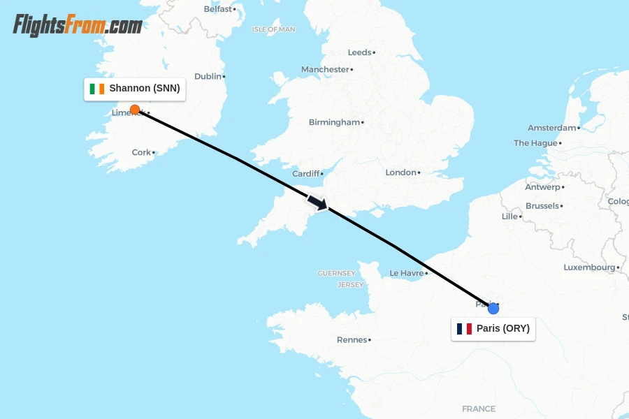 Flights from Shannon to Paris route map