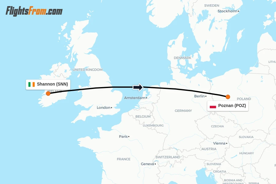 Flights from Shannon to Poznan route map