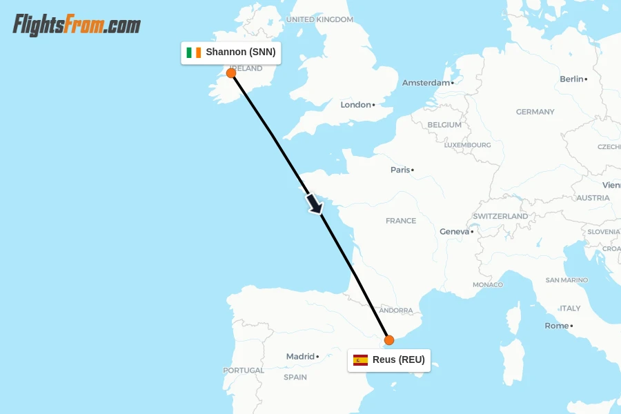 Flights from Shannon to Reus route map