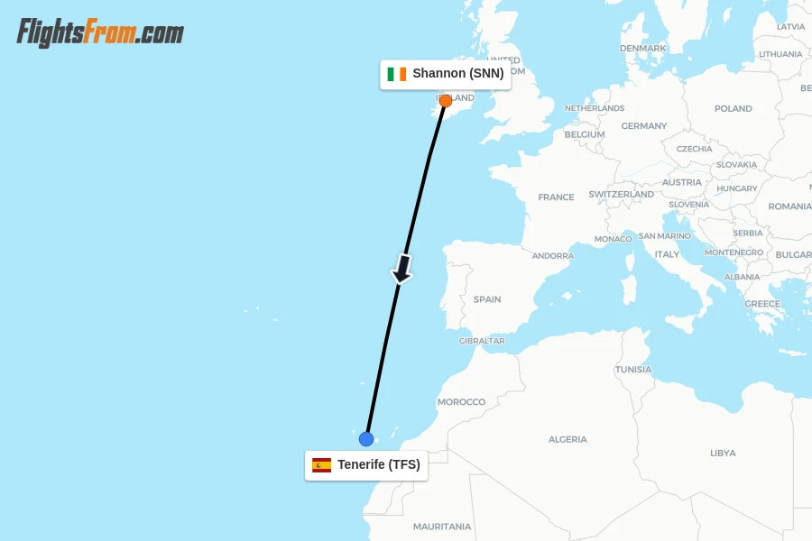 Flights from Shannon to Tenerife route map