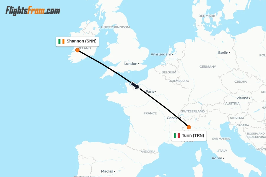 Flights from Shannon to Turin route map