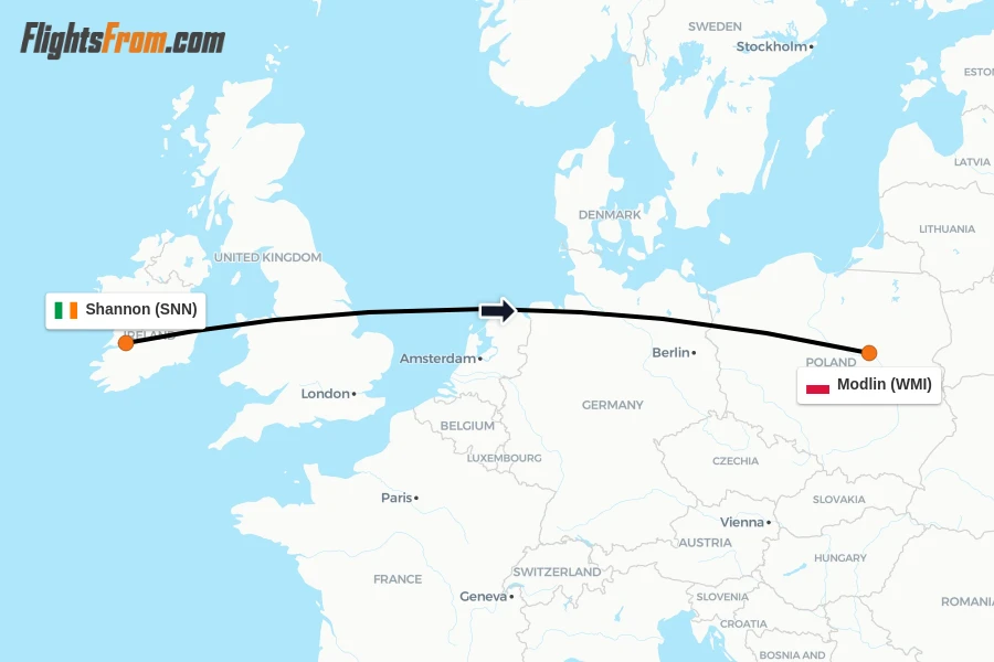 Flights from Shannon to Modlin route map