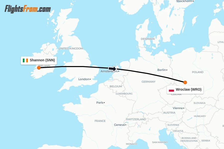 Flights from Shannon to Wroclaw route map