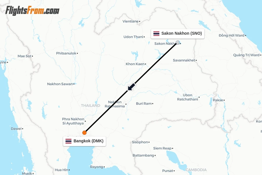 Flights from Sakon Nakhon to Bangkok route map