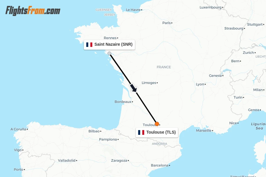 Flights from Saint Nazaire to Toulouse route map