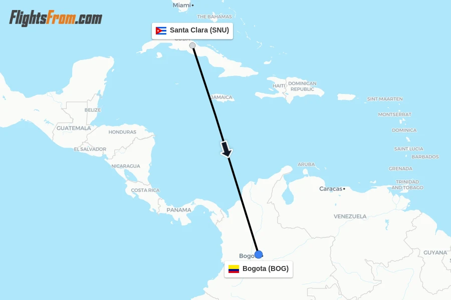 Flights from Santa Clara to Bogota route map