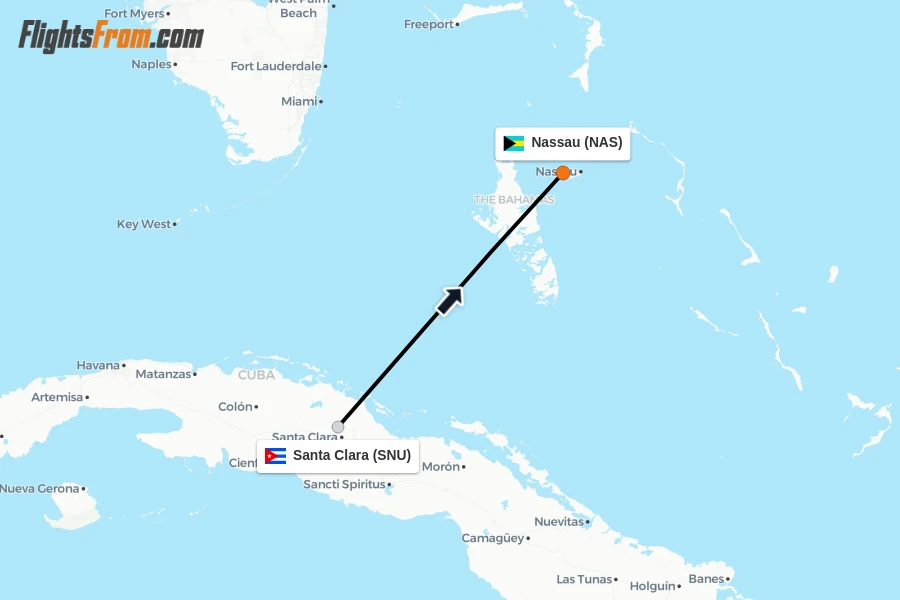 Flights from Santa Clara to Nassau route map
