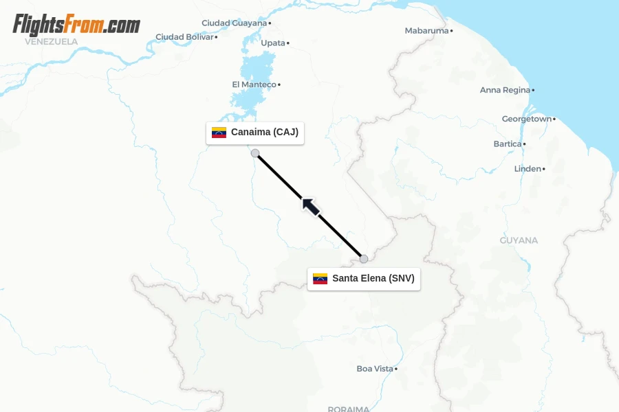 Flights from Santa Elena to Canaima route map