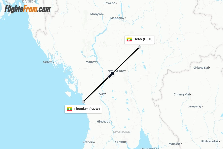 Flights from Thandwe to Heho route map