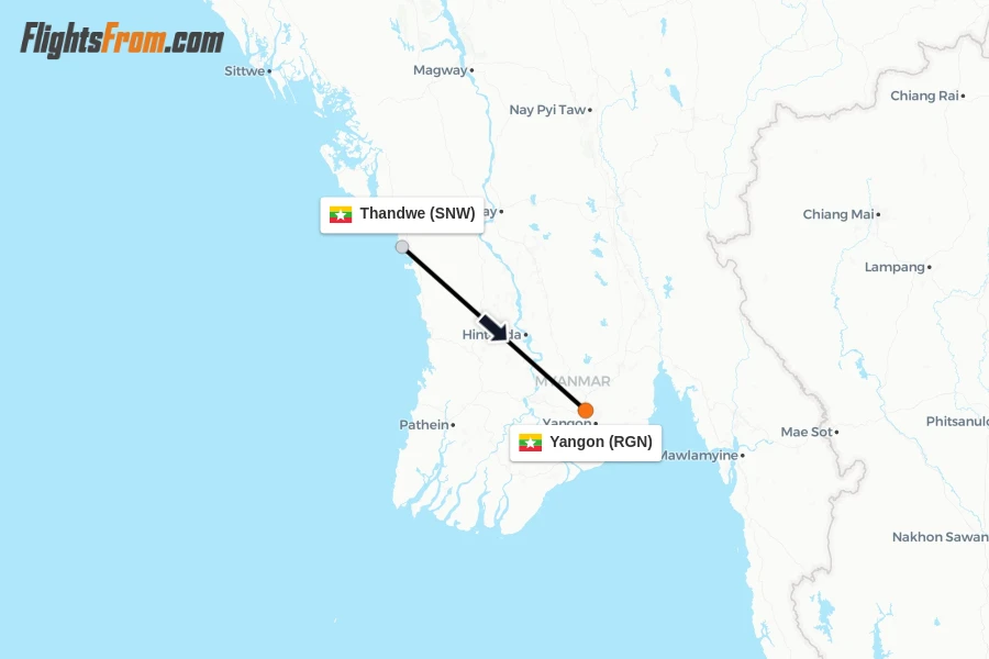 Flights from Thandwe to Yangon route map
