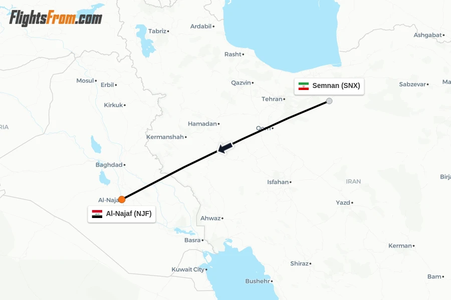 Flights from Semnan to Al-Najaf route map