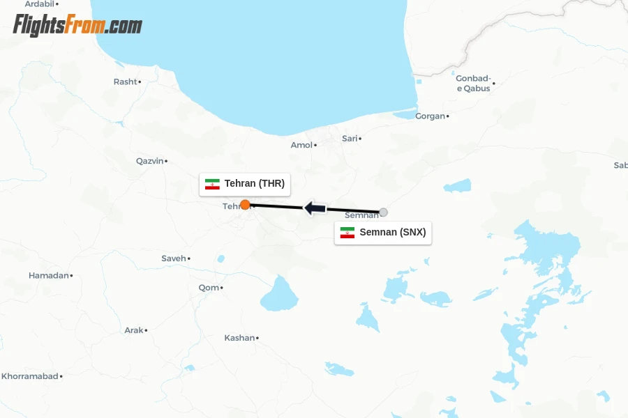 Flights from Semnan to Tehran route map