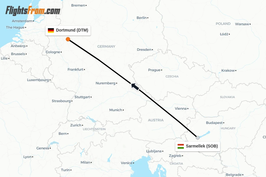 Flights from Sarmellek to Dortmund route map