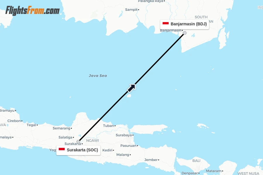 Flights from Surakarta to Banjarmasin route map