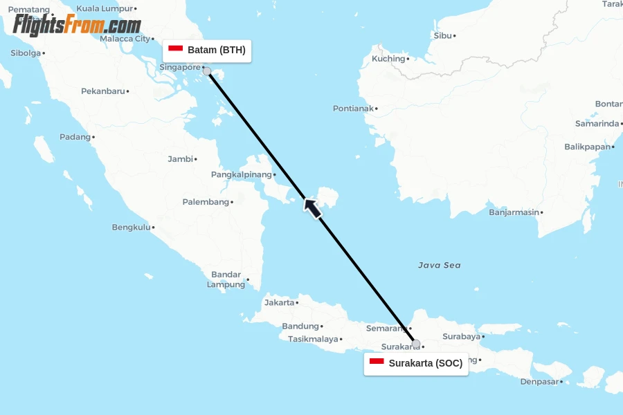 Flights from Surakarta to Batam route map