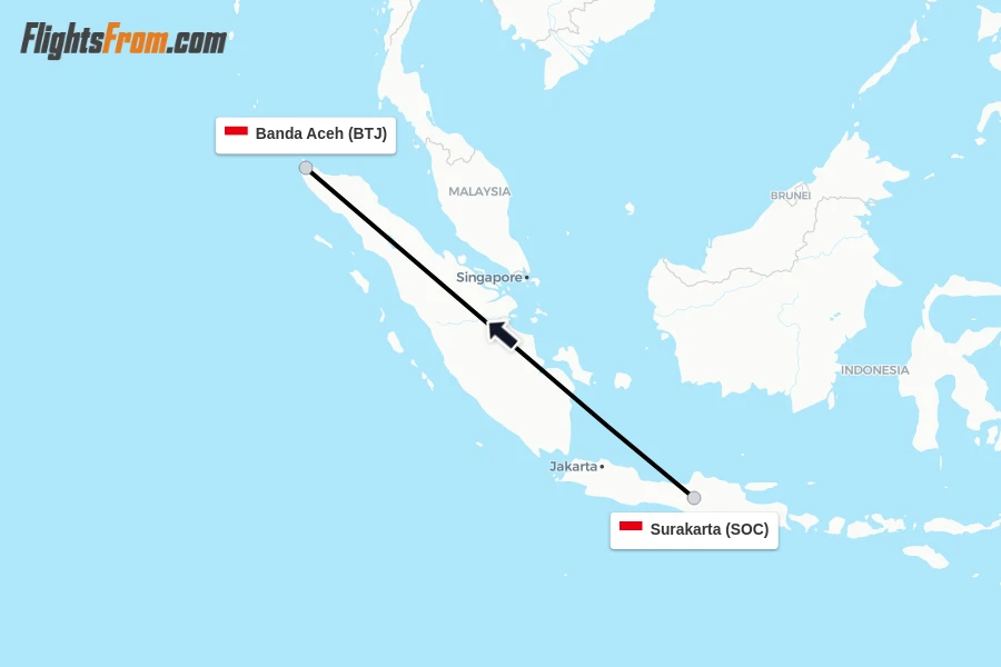 Flights from Surakarta to Banda Aceh route map