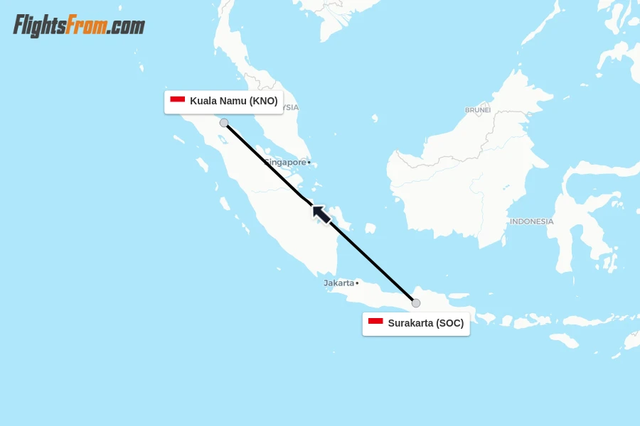 Flights from Surakarta to Kuala Namu route map