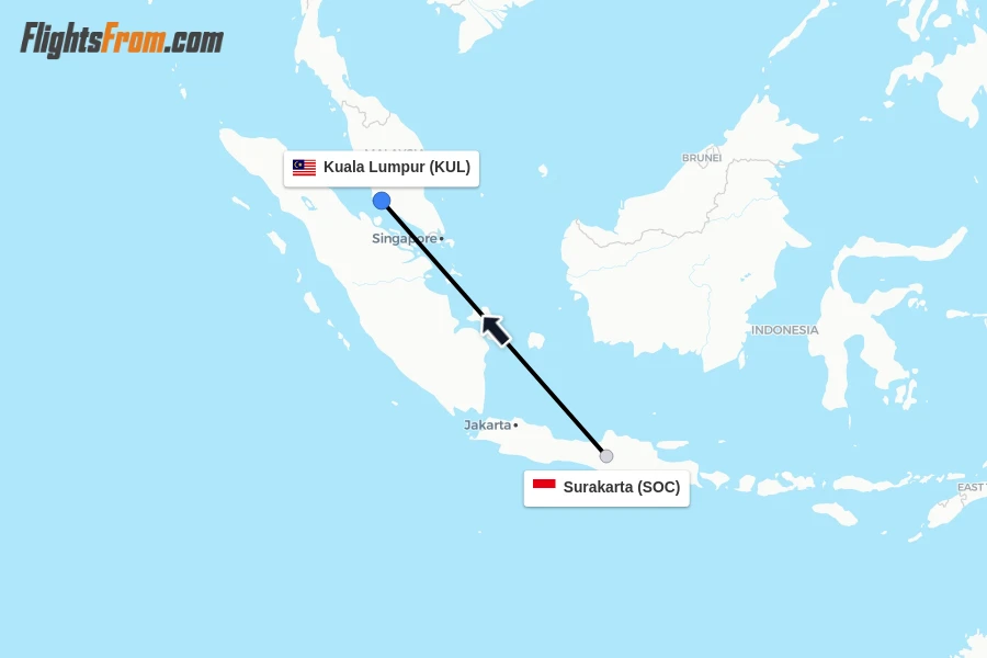 Flights from Surakarta to Kuala Lumpur route map