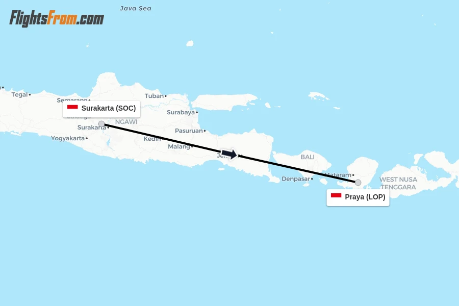 Flights from Surakarta to Praya route map