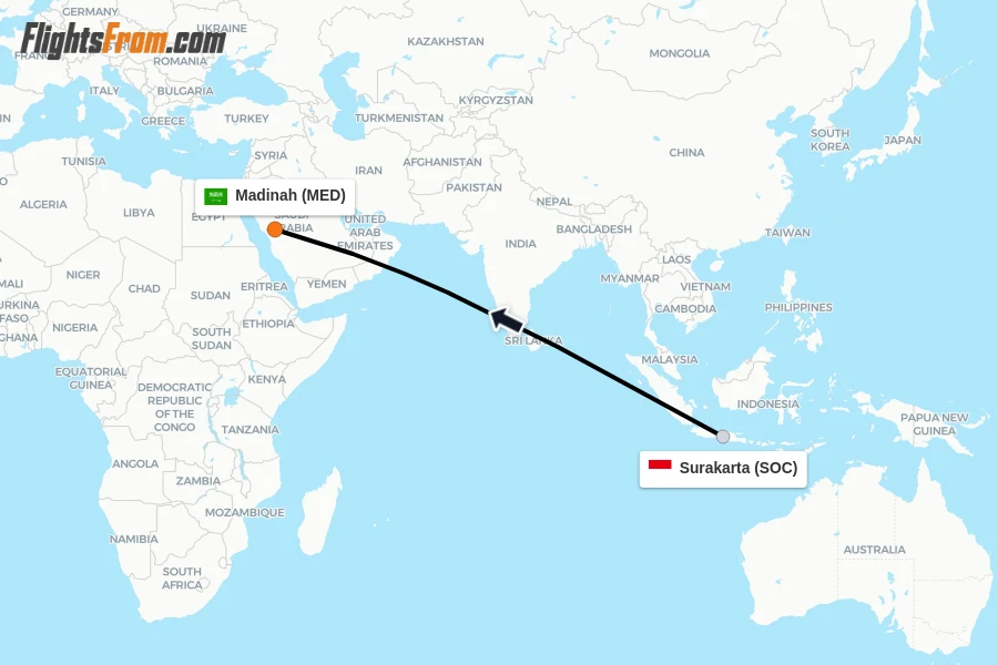 Flights from Surakarta to Madinah route map