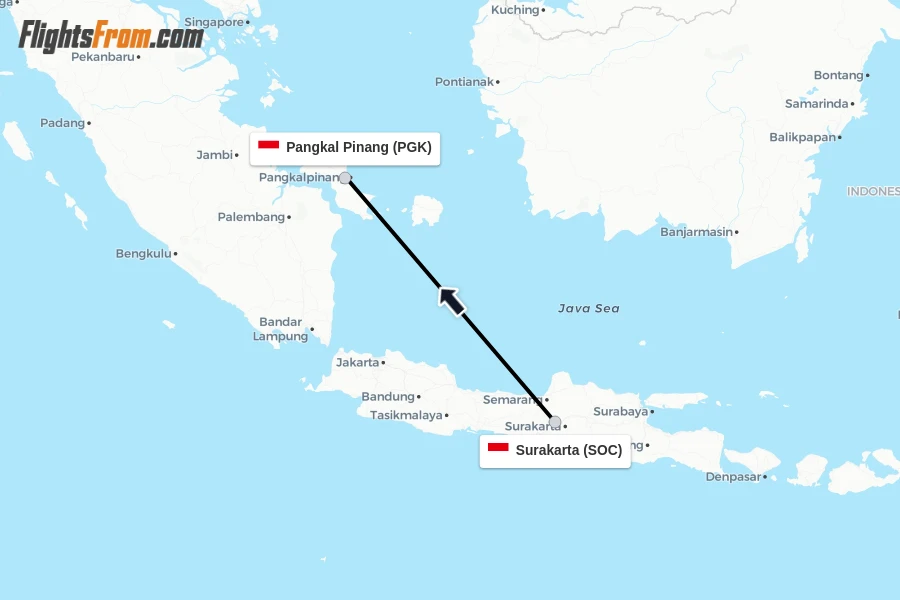 Flights from Surakarta to Pangkal Pinang route map