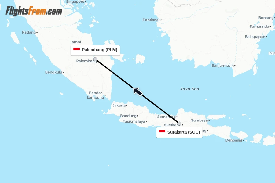Flights from Surakarta to Palembang route map