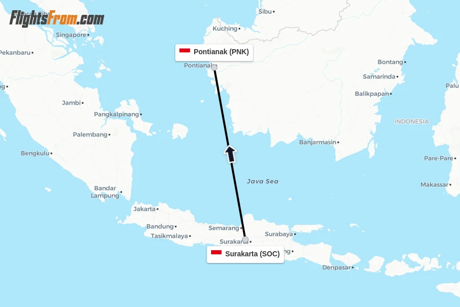Flights from Surakarta to Pontianak route map