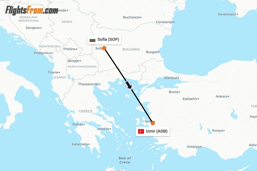 Flights from Sofia to Izmir route map