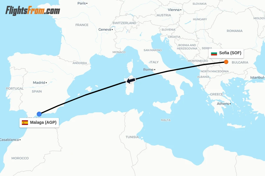Flights from Sofia to Malaga route map
