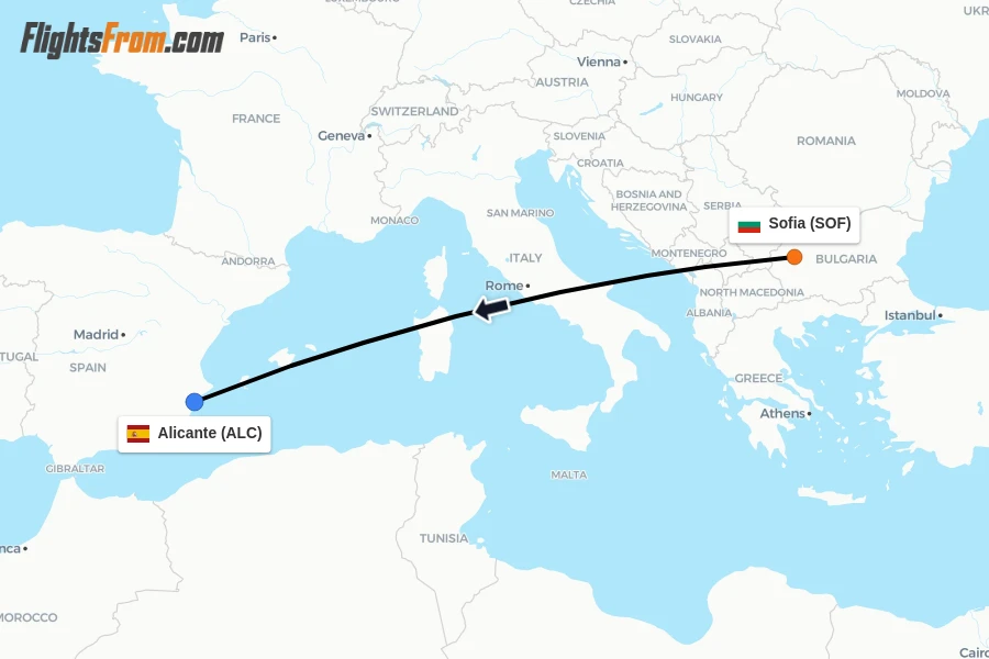 Flights from Sofia to Alicante route map