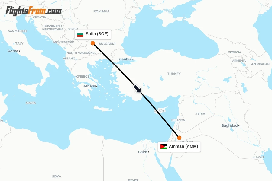 Flights from Sofia to Amman route map
