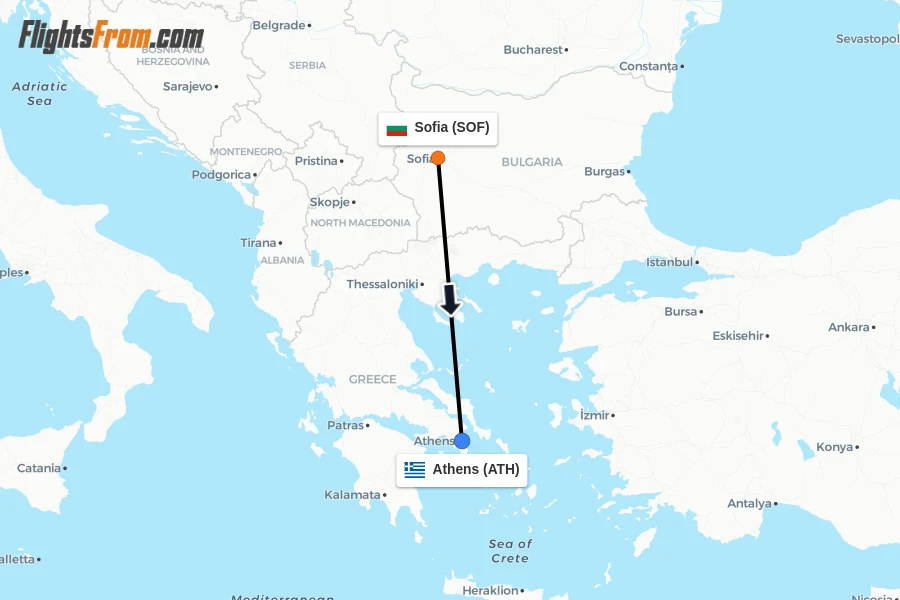 Flights from Sofia to Athens route map