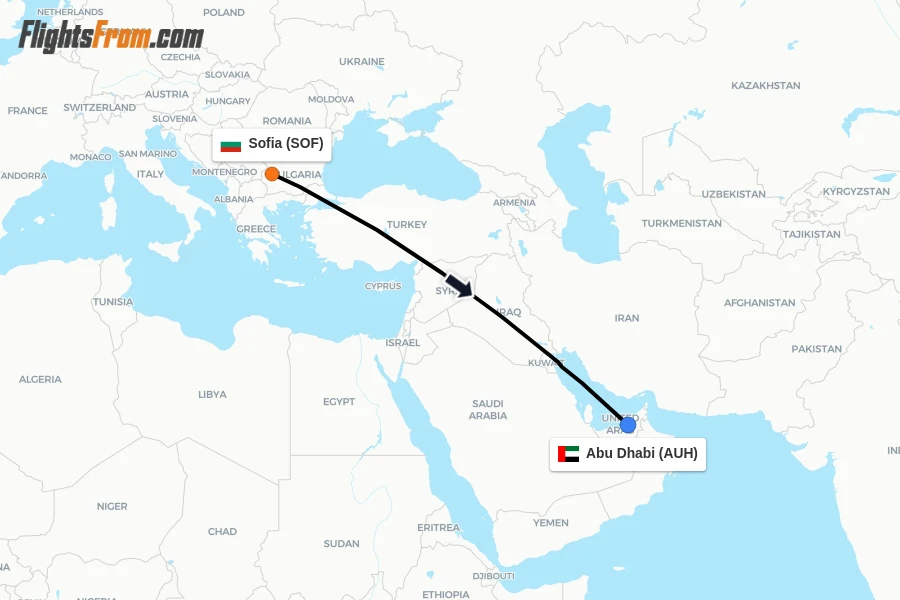 Flights from Sofia to Abu Dhabi route map