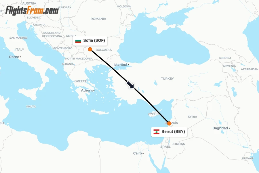 Flights from Sofia to Beirut route map