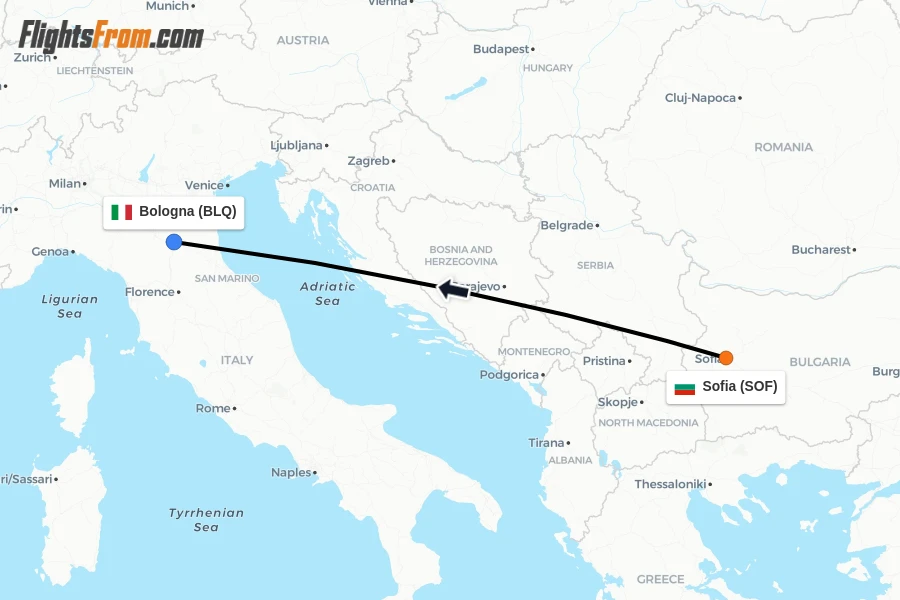 Flights from Sofia to Bologna route map