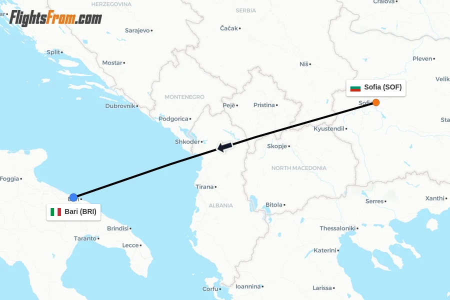Flights from Sofia to Bari route map