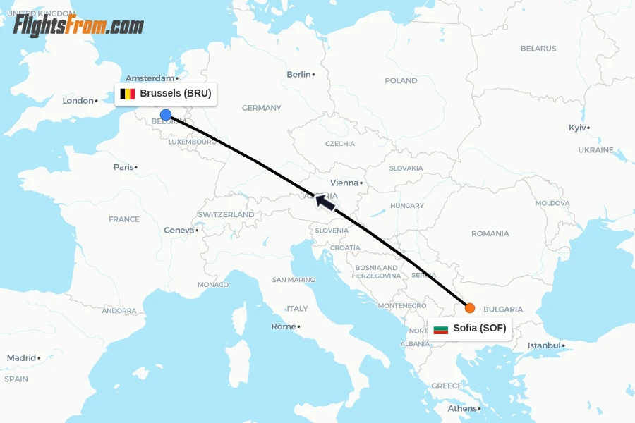 Flights from Sofia to Brussels route map
