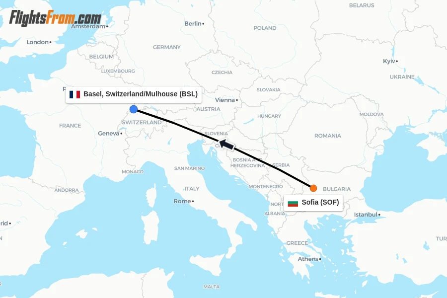Flights from Sofia to Basel, Switzerland/Mulhouse route map