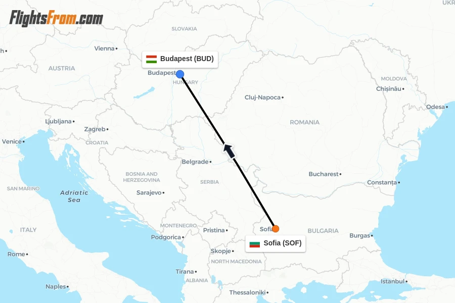 Flights from Sofia to Budapest route map