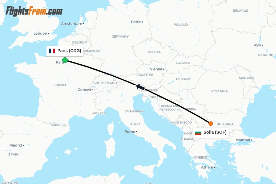 Flights from Sofia to Paris route map