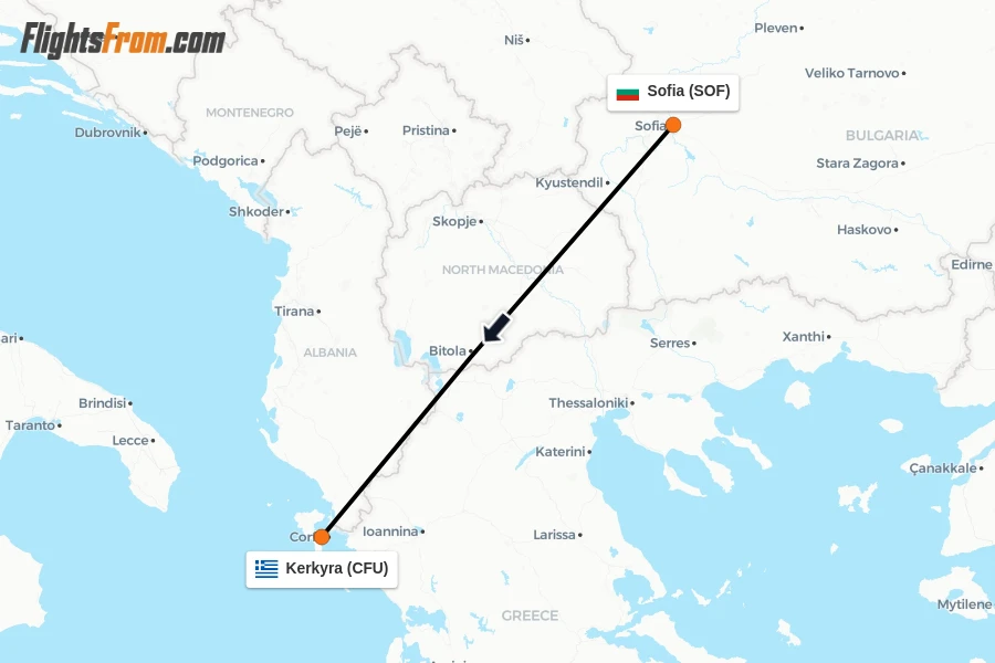 Flights from Sofia to Kerkyra route map