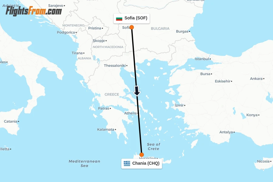 Flights from Sofia to Chania route map