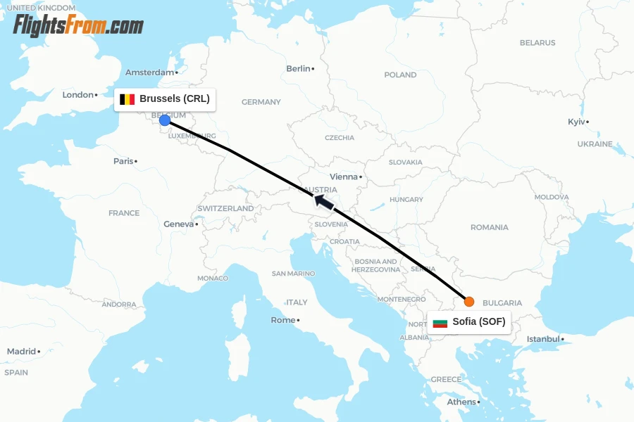 Flights from Sofia to Brussels route map